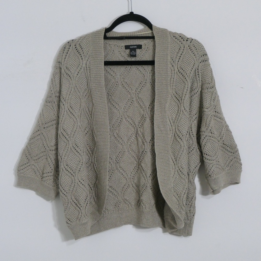 Alfani Womens Cardigan XL Beige Open Knit Pointelle Boho Coastal Grandma Earthy